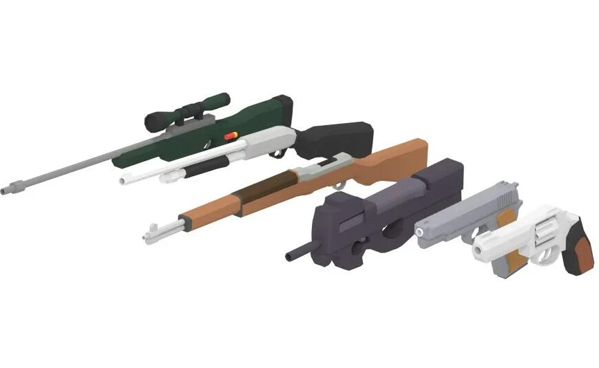 低模武器枪械包P90 左轮手枪 手枪 散弹枪和狙击步枪带动画Lowpoly卡通3D模型