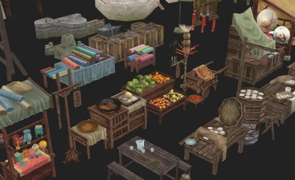 古代集市游戏场景物件道具模型