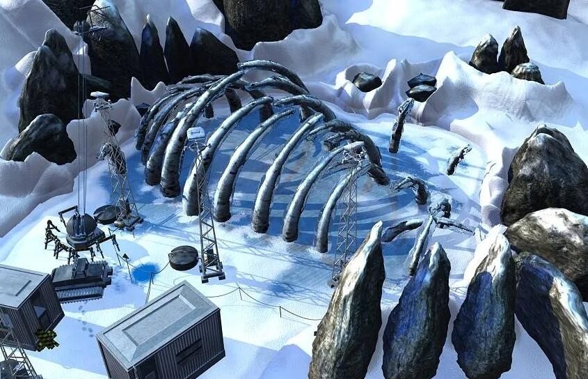 远古巨兽骨架科幻片场景3dmax模型下载 冰封雪山里的远古生物研究基地模型