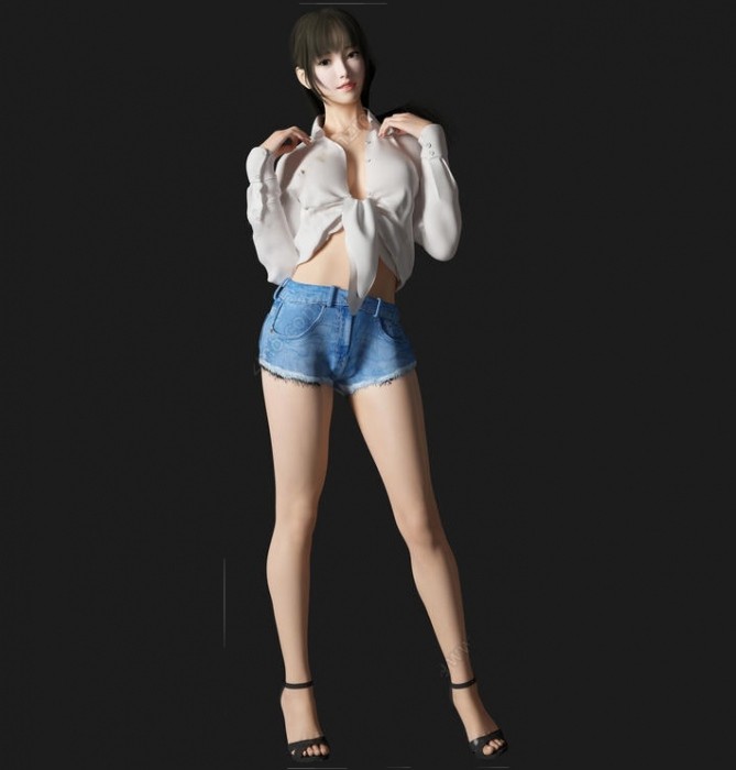 超短牛仔裤白衬衫性感风骚美女 001.jpg