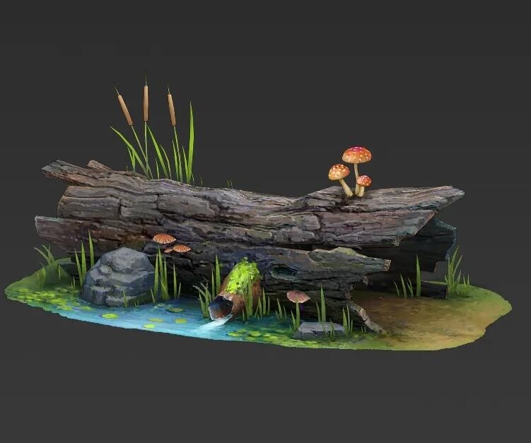 卡通房子 篱笆 枯树 木箱 石柱 3D模型贴图源文件