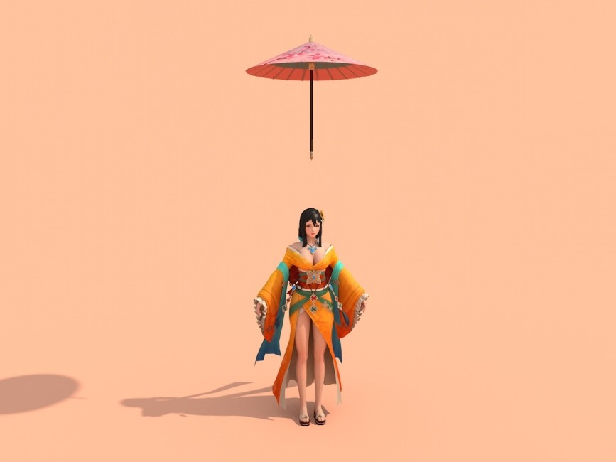 日系美女打伞人物角色模型素材