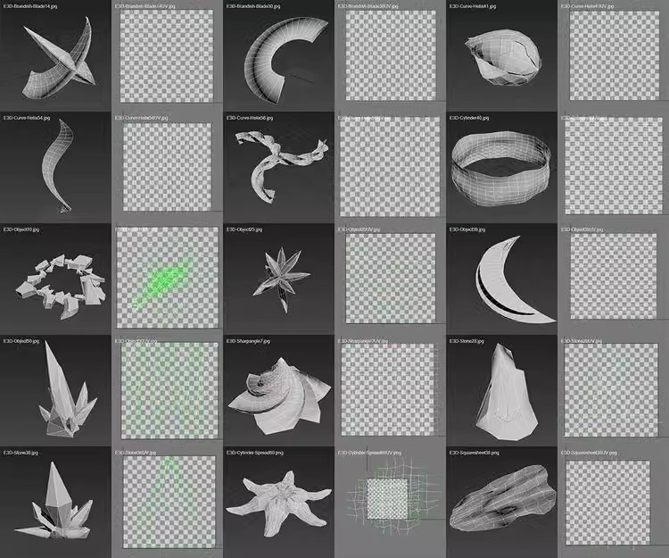 Unity源文件 FBX 游戏特效常用模型及UV分布-EBM素材特效UV模型