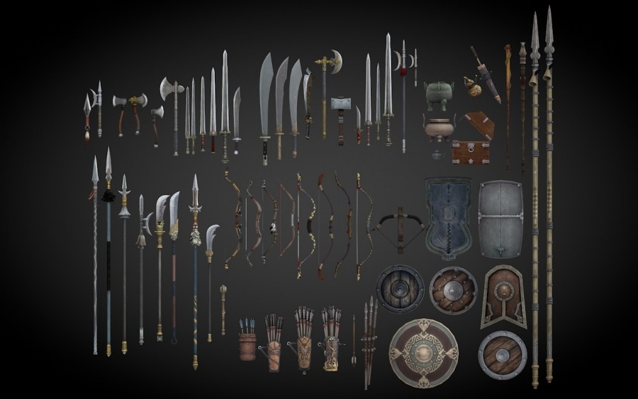 古代冷兵器3D模型C4D/FBX/OBJ武器游戏刀剑斧头锤盾牌长枪弓箭弩