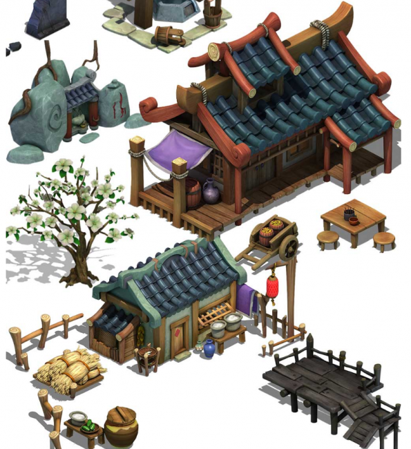 Q版卡通3渲2游戏场景建筑物件植物石头模型