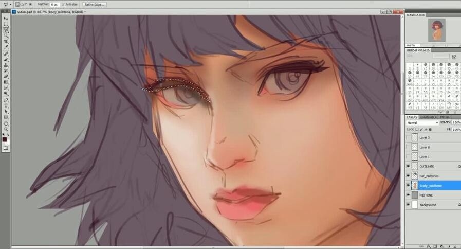 块面笔触绘制人物皮肤插画教程+PSD+笔刷
