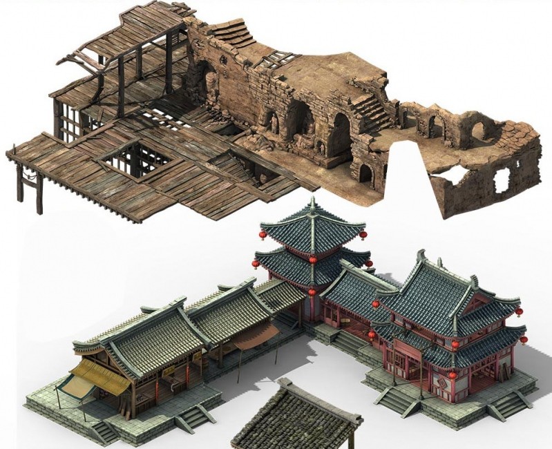 一套精品写实中式古代场景建筑3转2游戏模型
