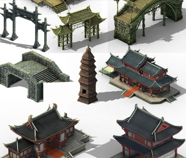 一套精品写实中式古代场景建筑3转2游戏模型