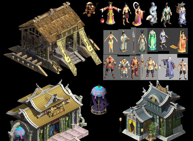 一套中式古代风格游戏长江建筑模型附带部分角色模型