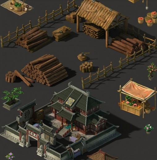 一套古代风中式卡通Q版3渲染2游戏场景模型