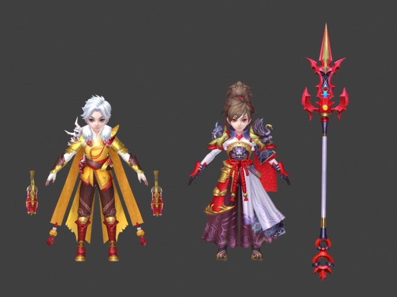 一套中国风卡通版武侠仙侠神话角色人物武器3D模型 游戏美术素材