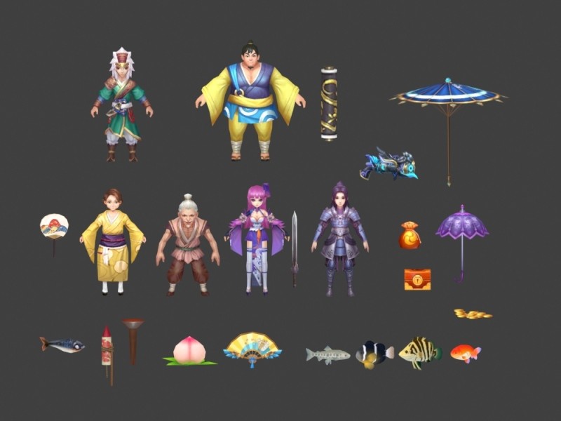一套中国风卡通版武侠仙侠神话角色人物武器3D模型 游戏美术素材