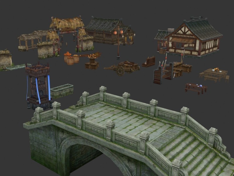 游戏美术素材 中国风武侠建筑物件植物场景 手游3D模型 MAX源文件