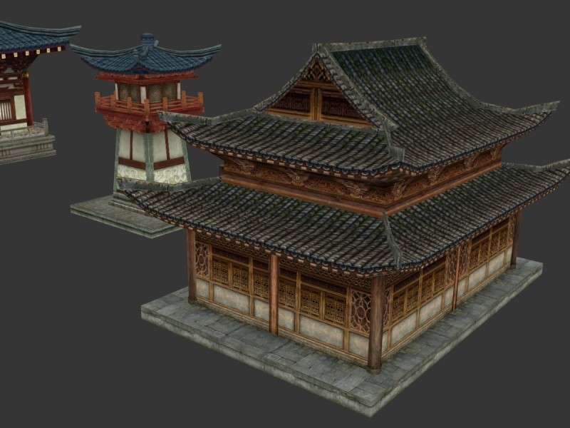 游戏美术素材 中国风武侠建筑物件植物场景 手游3D模型 MAX源文件