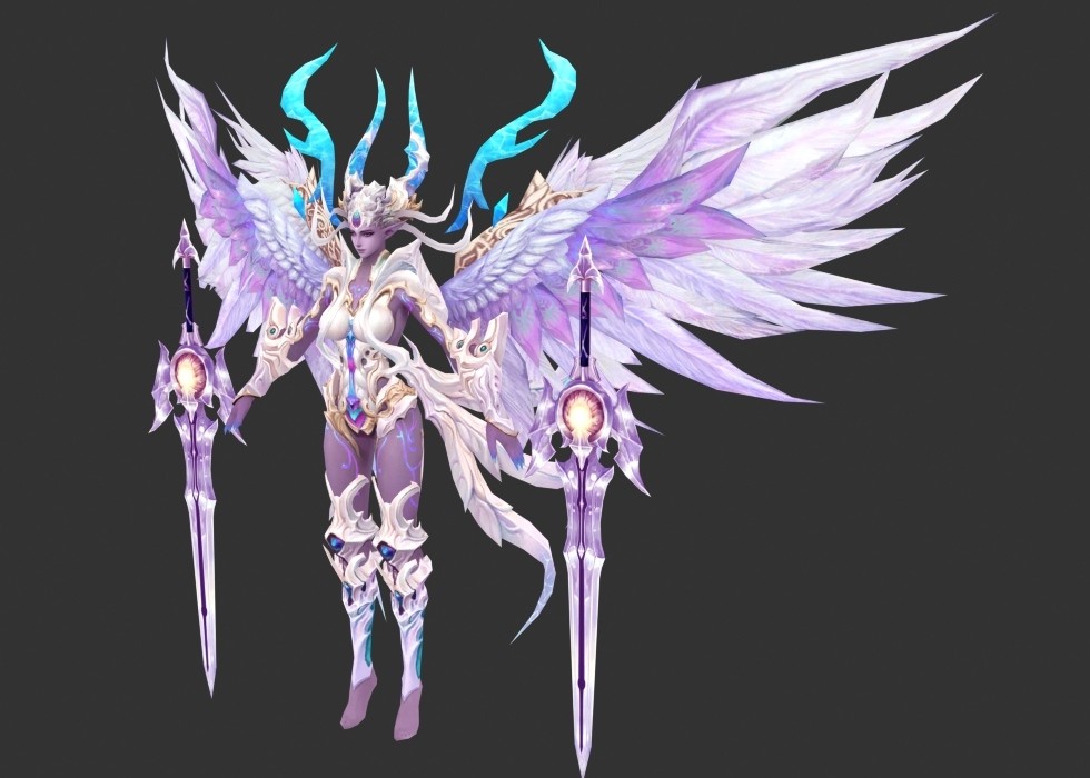 超好看的大翅膀紫色皮肤魔女带骨骼带动作3dmax格式