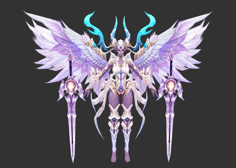 超好看的大翅膀紫色皮肤魔女带骨骼带动作3dmax格式