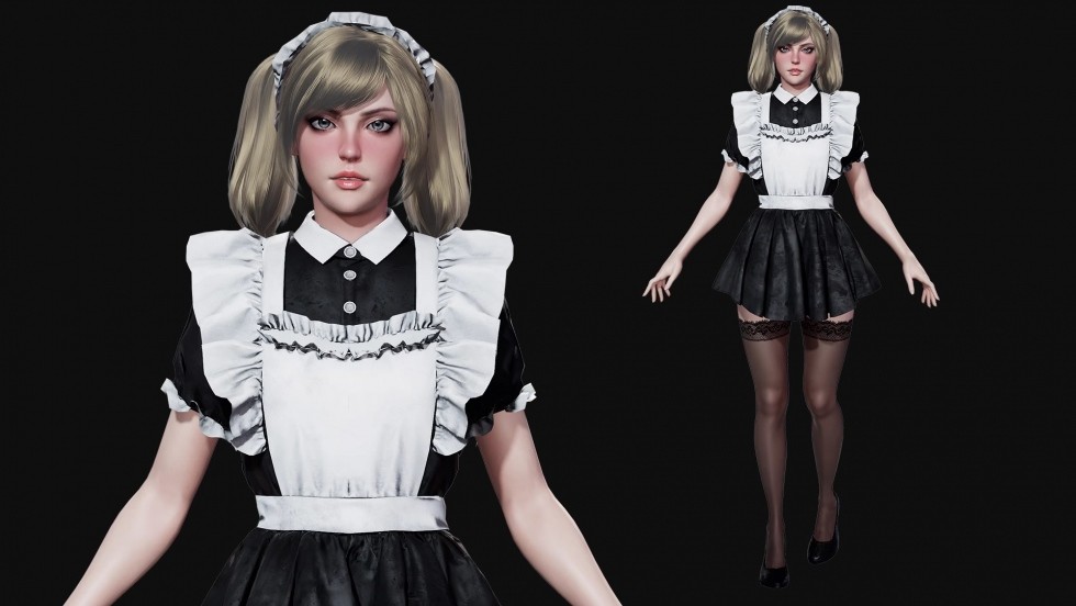UE4UE5虚幻引擎可爱洛丽塔爱丽丝女仆角色3D模型骨骼绑定含动画3A