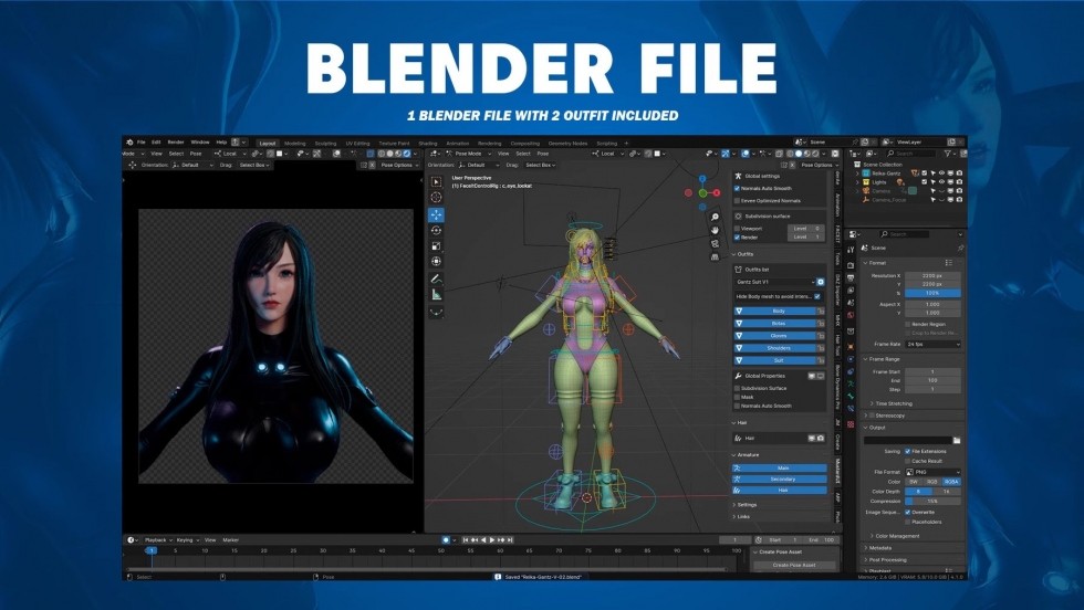 Blender逼真R2美女角色骨骼绑定科幻赛博女侠紧身衣人物3D模型FBX格式