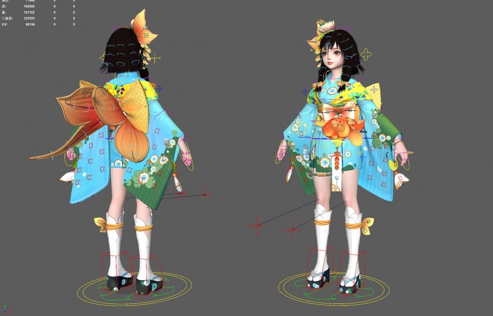和服少女Maya绑定，带闭眼和微笑blendshape