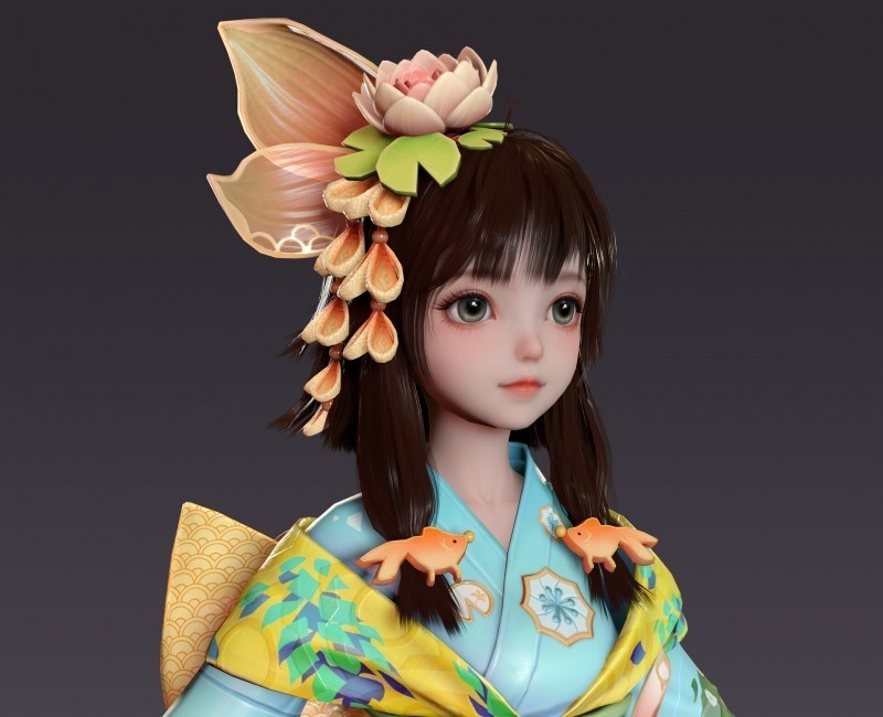 和服少女Maya绑定，带闭眼和微笑blendshape